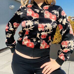 New York City Floral Genuine Silk Satin Bomber Lined Crop ZipUp Jacket